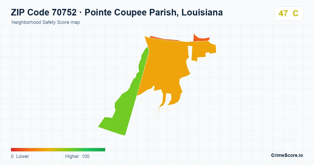 ZIP Code 70752 in Pointe Coupee Parish, Louisiana neighborhood Safety Score map