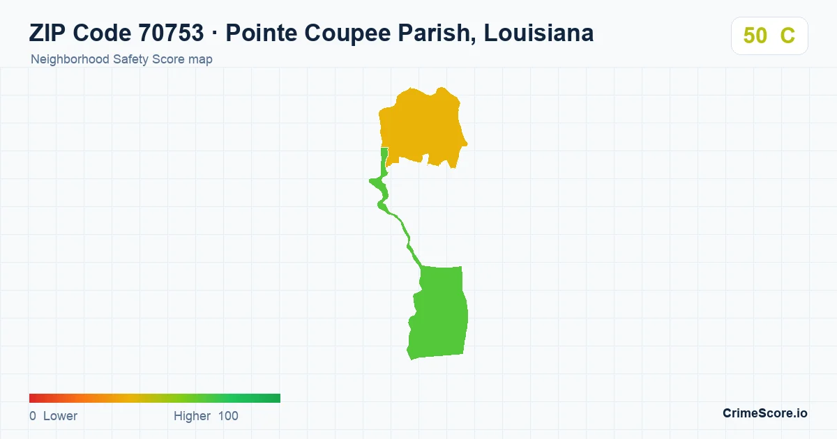 ZIP Code 70753 in Pointe Coupee Parish, Louisiana neighborhood Safety Score map