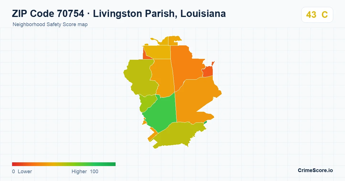 ZIP Code 70754 in Livingston Parish, Louisiana neighborhood Safety Score map
