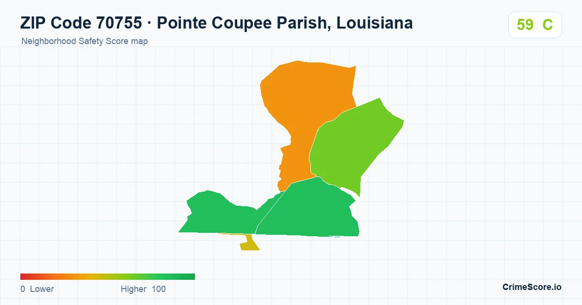 ZIP Code 70755 in Pointe Coupee Parish, Louisiana neighborhood Safety Score map