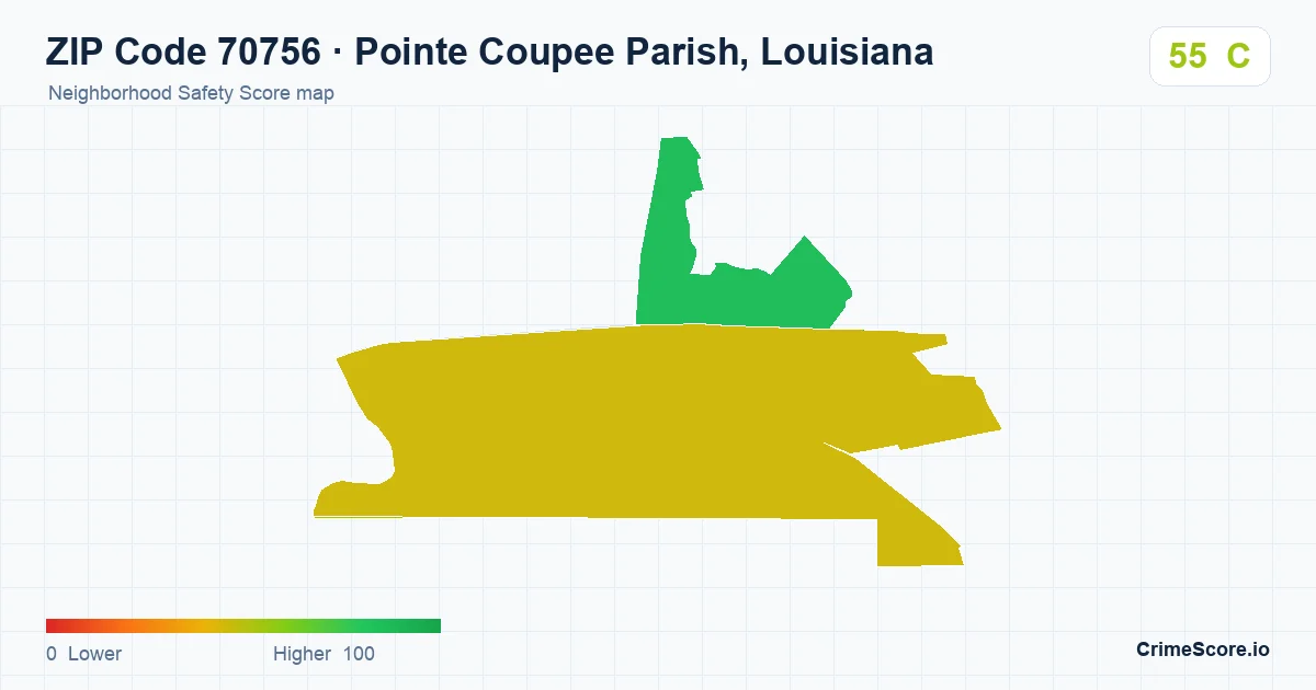 ZIP Code 70756 in Pointe Coupee Parish, Louisiana neighborhood Safety Score map