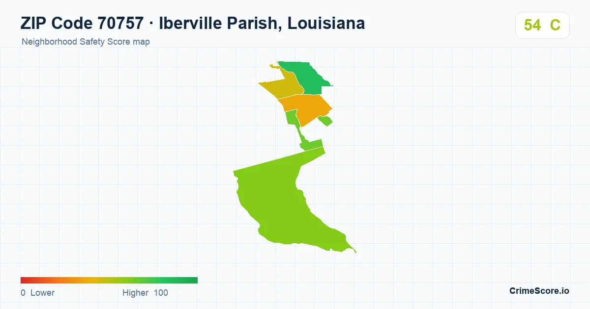 ZIP Code 70757 in Iberville Parish, Louisiana neighborhood Safety Score map