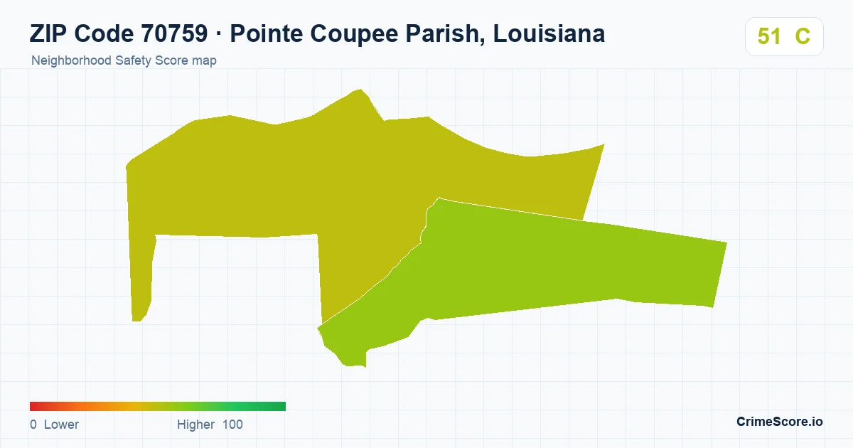 ZIP Code 70759 in Pointe Coupee Parish, Louisiana neighborhood Safety Score map