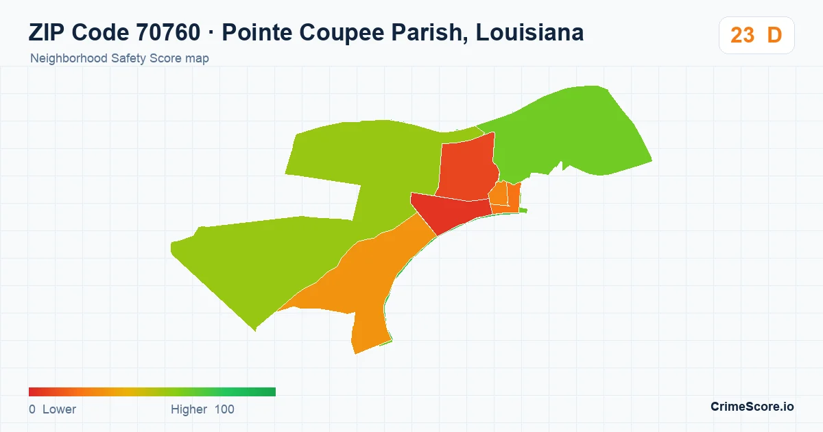 ZIP Code 70760 in Pointe Coupee Parish, Louisiana neighborhood Safety Score map