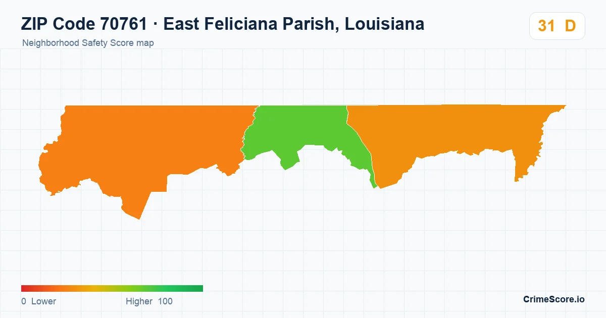ZIP Code 70761 in East Feliciana Parish, Louisiana neighborhood Safety Score map