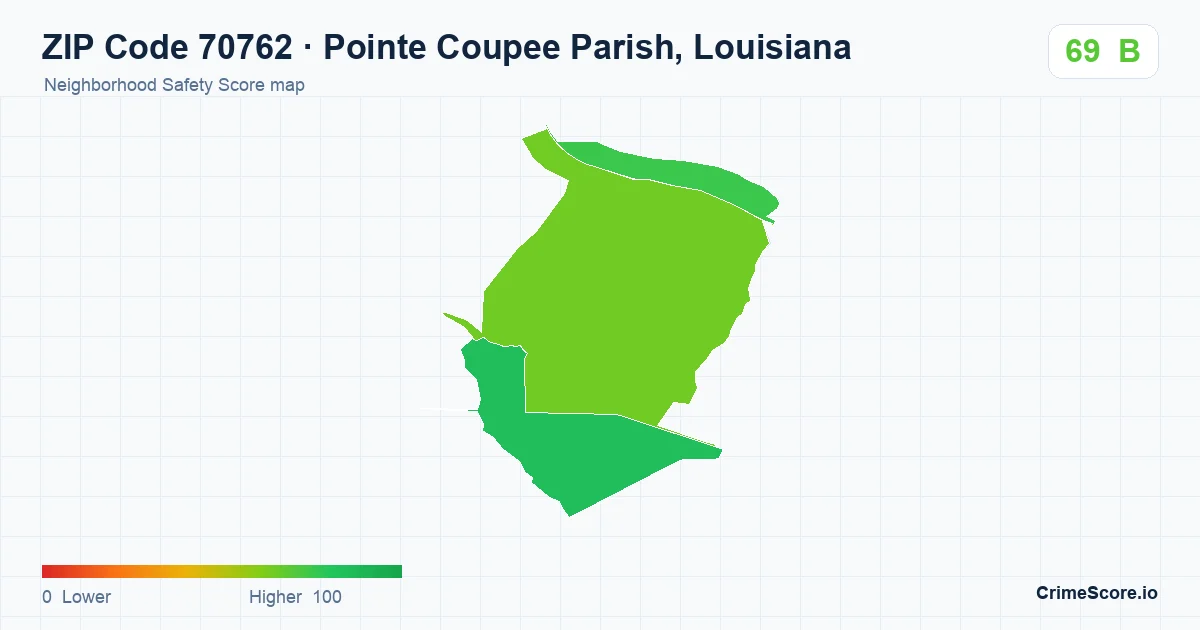 ZIP Code 70762 in Pointe Coupee Parish, Louisiana neighborhood Safety Score map