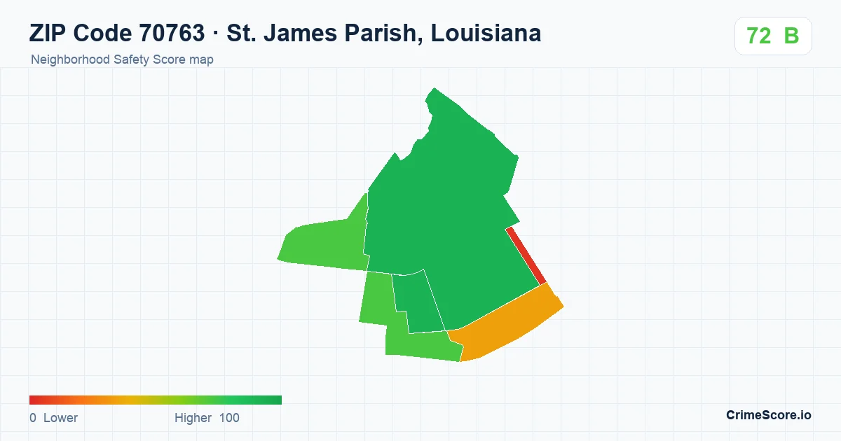 ZIP Code 70763 in St. James Parish, Louisiana neighborhood Safety Score map