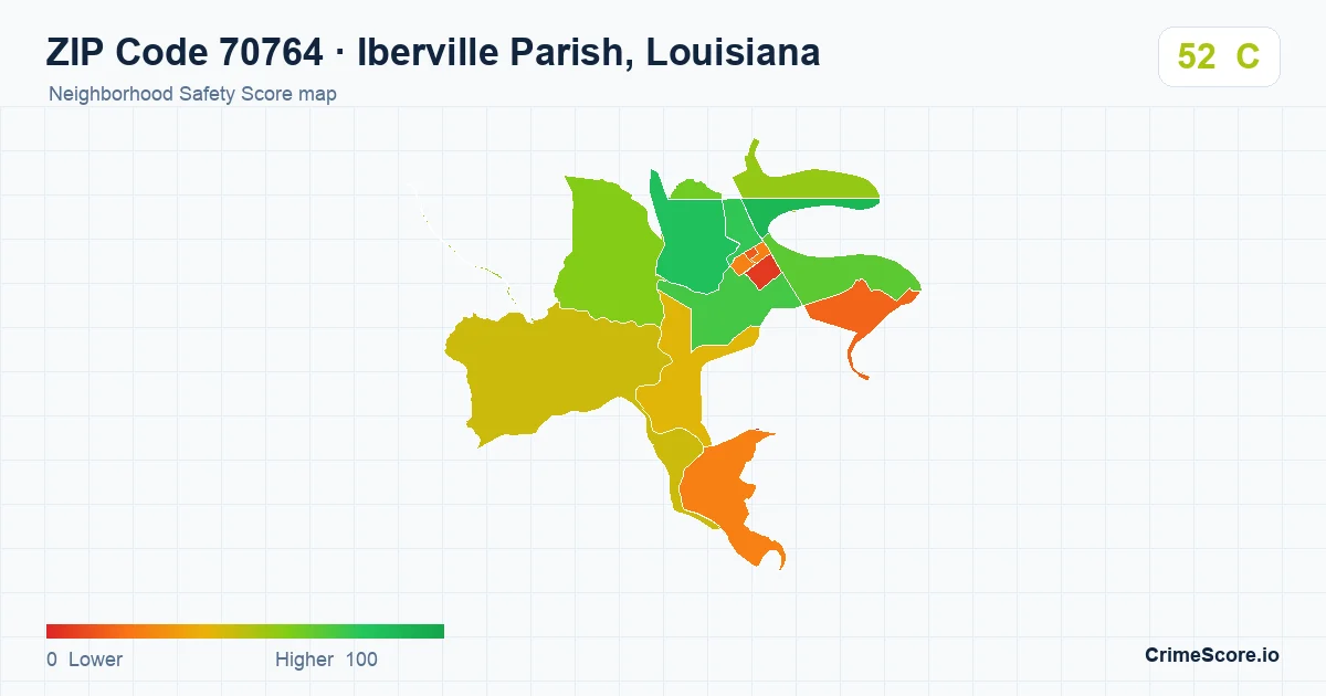 ZIP Code 70764 in Iberville Parish, Louisiana neighborhood Safety Score map