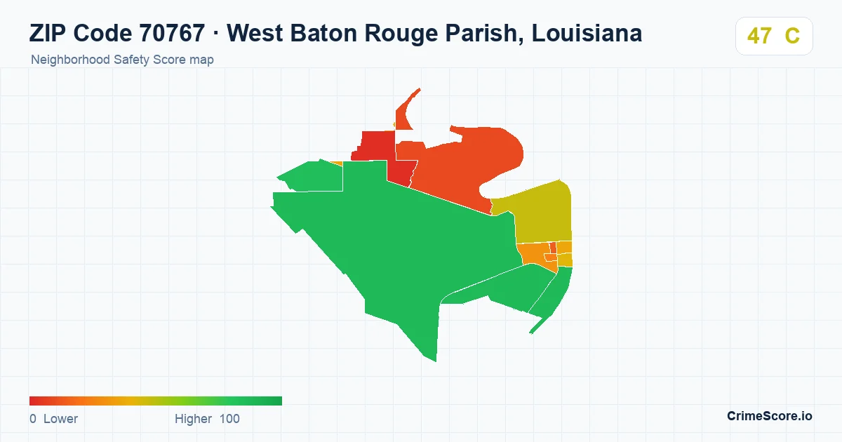ZIP Code 70767 in West Baton Rouge Parish, Louisiana neighborhood Safety Score map