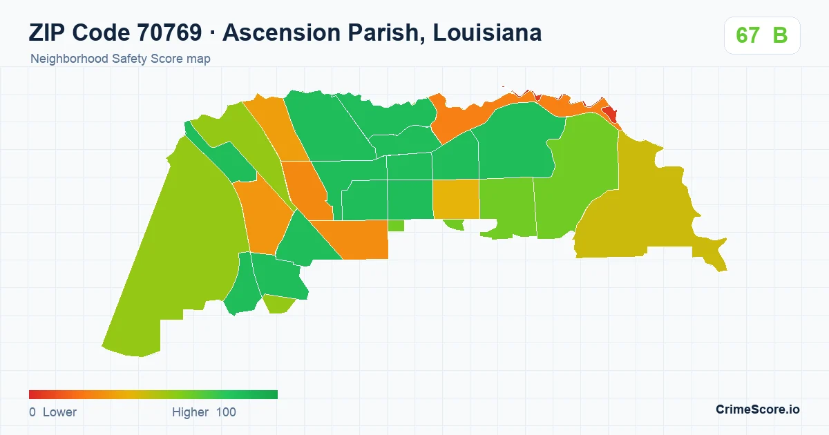 ZIP Code 70769 in Ascension Parish, Louisiana neighborhood Safety Score map