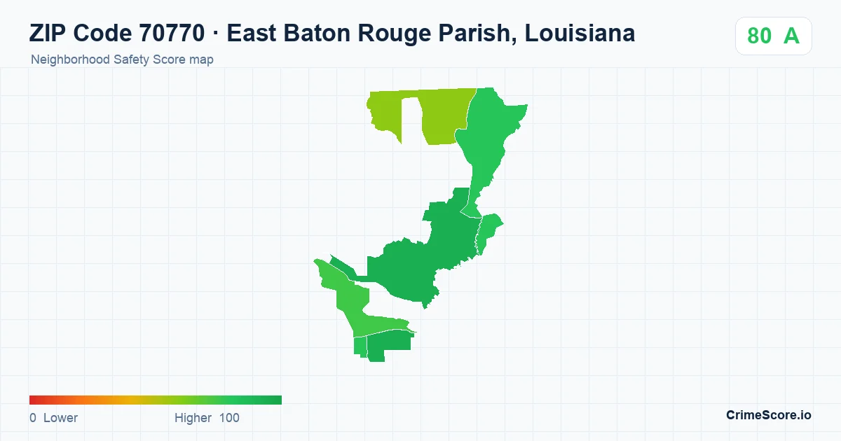 ZIP Code 70770 in East Baton Rouge Parish, Louisiana neighborhood Safety Score map