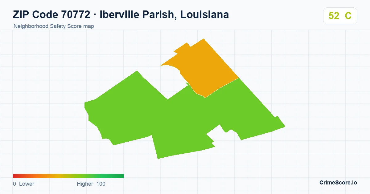 ZIP Code 70772 in Iberville Parish, Louisiana neighborhood Safety Score map