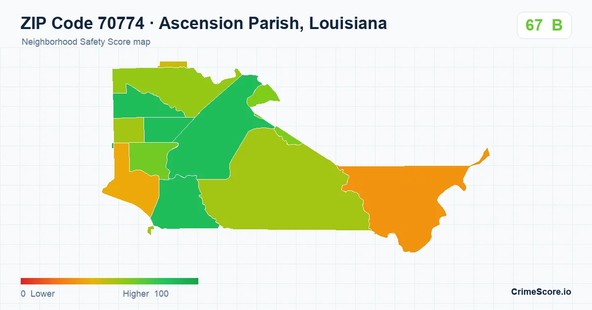 ZIP Code 70774 in Ascension Parish, Louisiana neighborhood Safety Score map