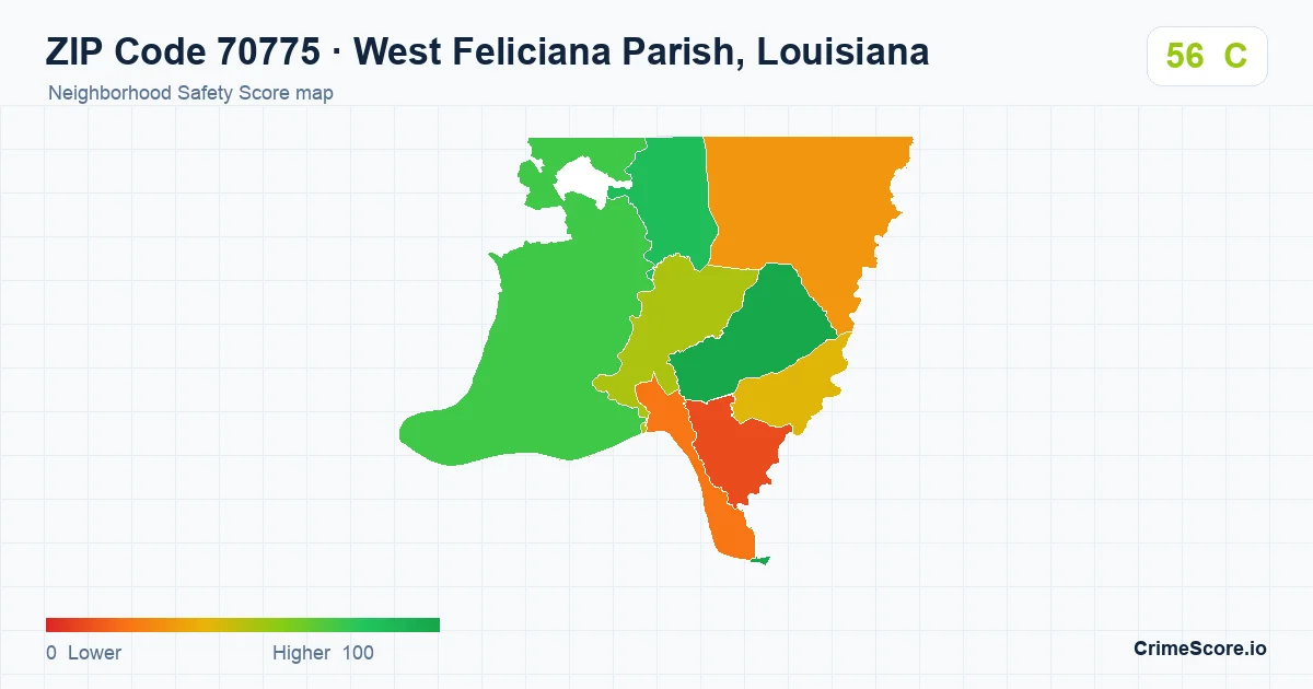 ZIP Code 70775 in West Feliciana Parish, Louisiana neighborhood Safety Score map