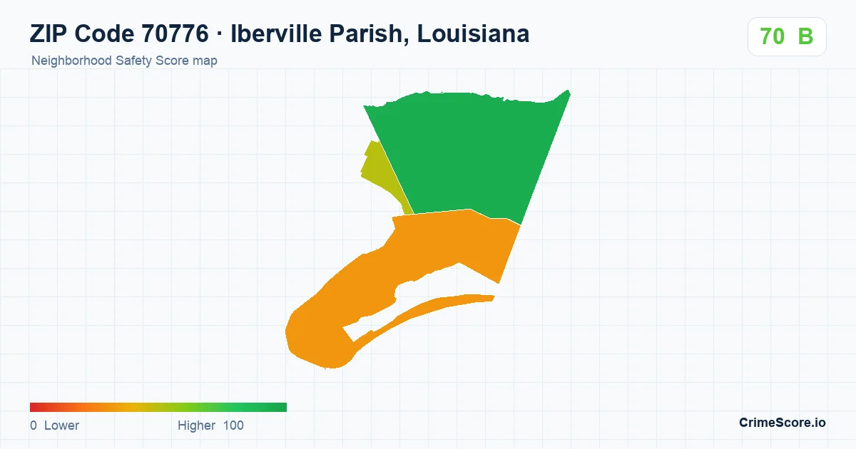 ZIP Code 70776 in Iberville Parish, Louisiana neighborhood Safety Score map