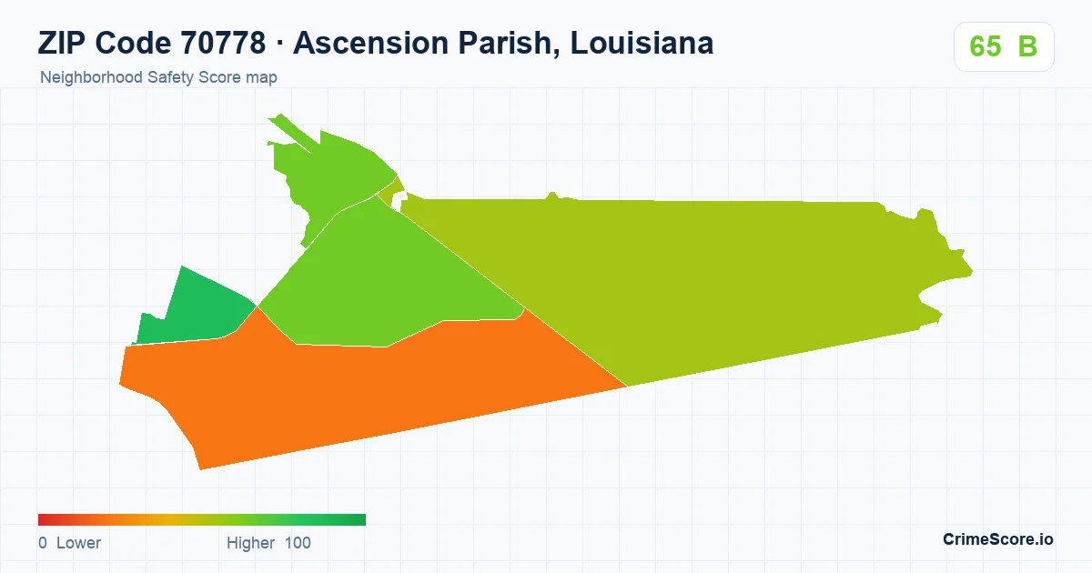 ZIP Code 70778 in Ascension Parish, Louisiana neighborhood Safety Score map