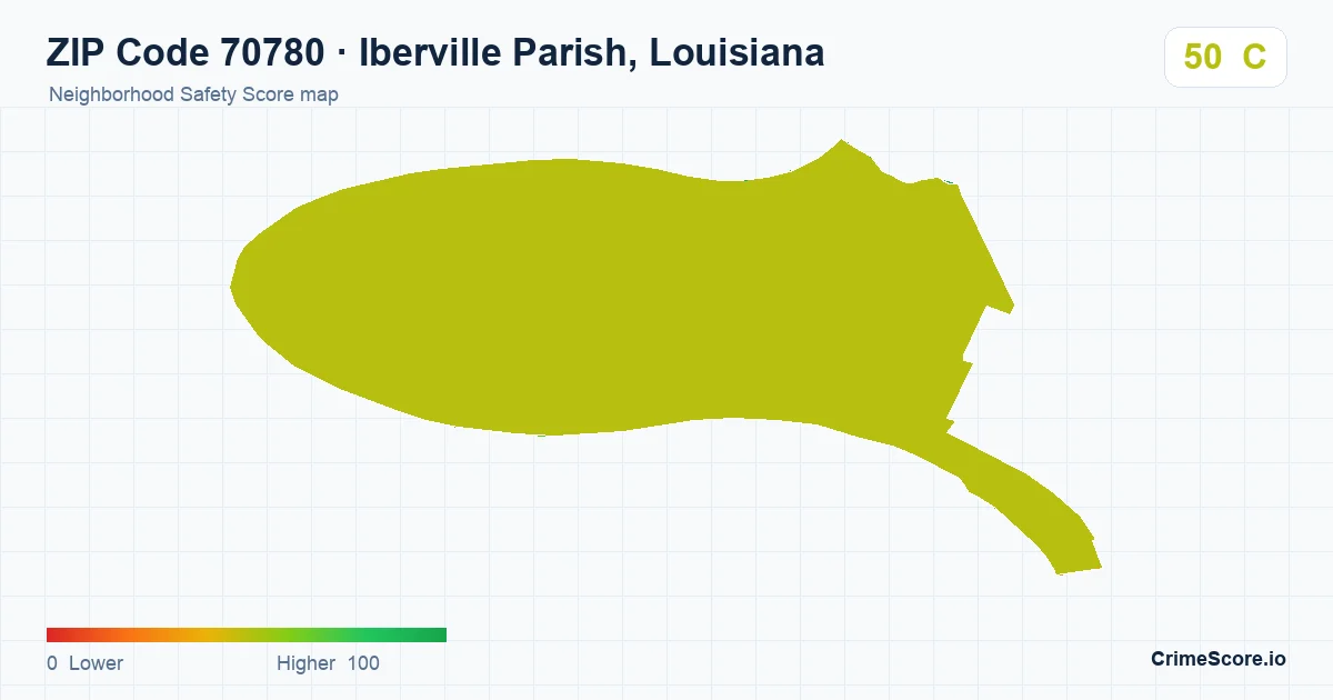 ZIP Code 70780 in Iberville Parish, Louisiana neighborhood Safety Score map