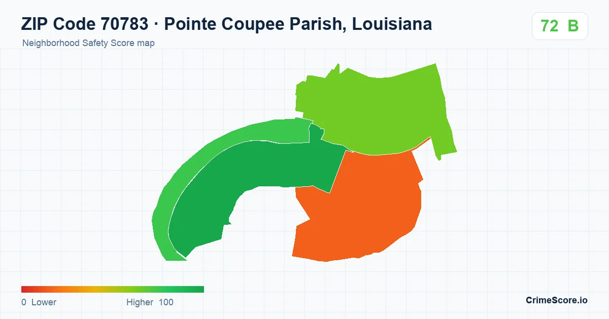 ZIP Code 70783 in Pointe Coupee Parish, Louisiana neighborhood Safety Score map