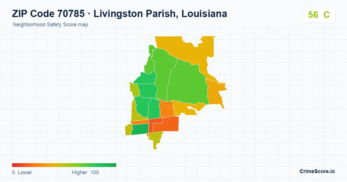 ZIP Code 70785 in Livingston Parish, Louisiana neighborhood Safety Score map