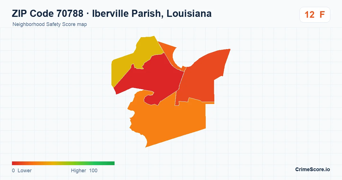 ZIP Code 70788 in Iberville Parish, Louisiana neighborhood Safety Score map
