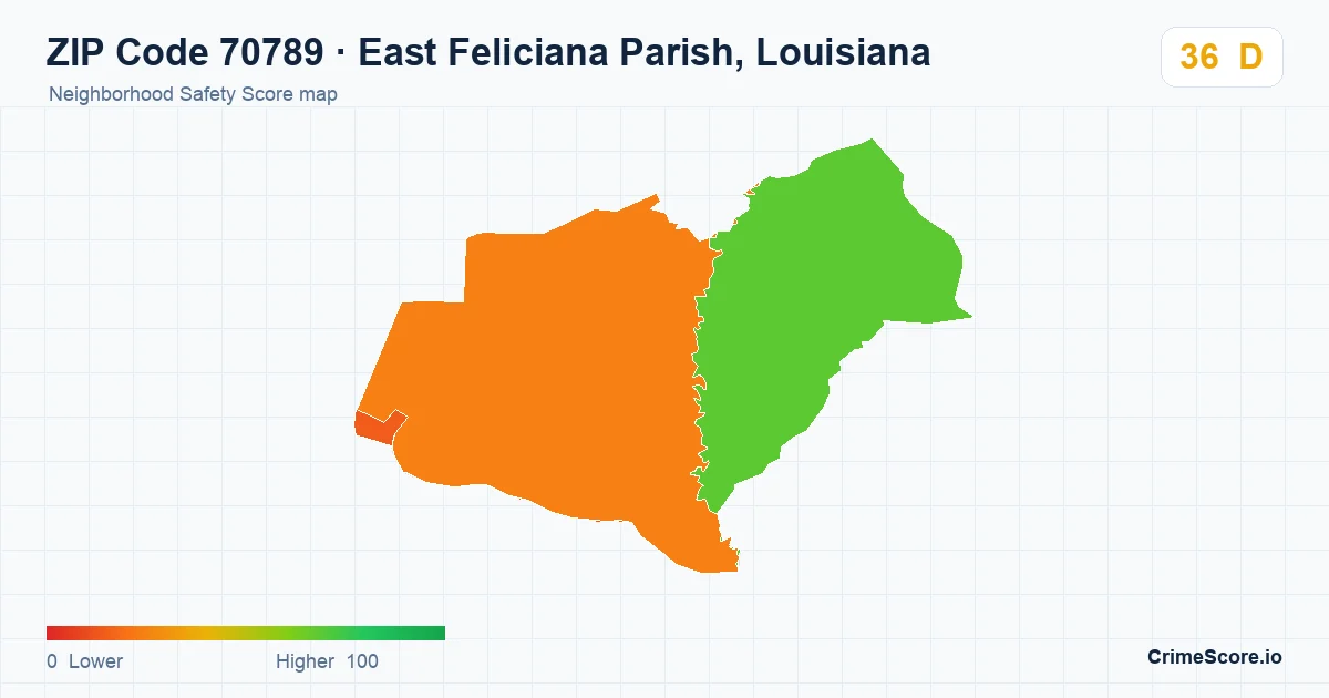 ZIP Code 70789 in East Feliciana Parish, Louisiana neighborhood Safety Score map