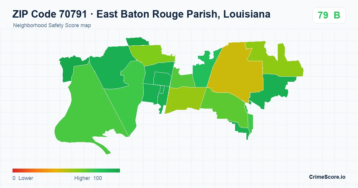 ZIP Code 70791 in East Baton Rouge Parish, Louisiana neighborhood Safety Score map