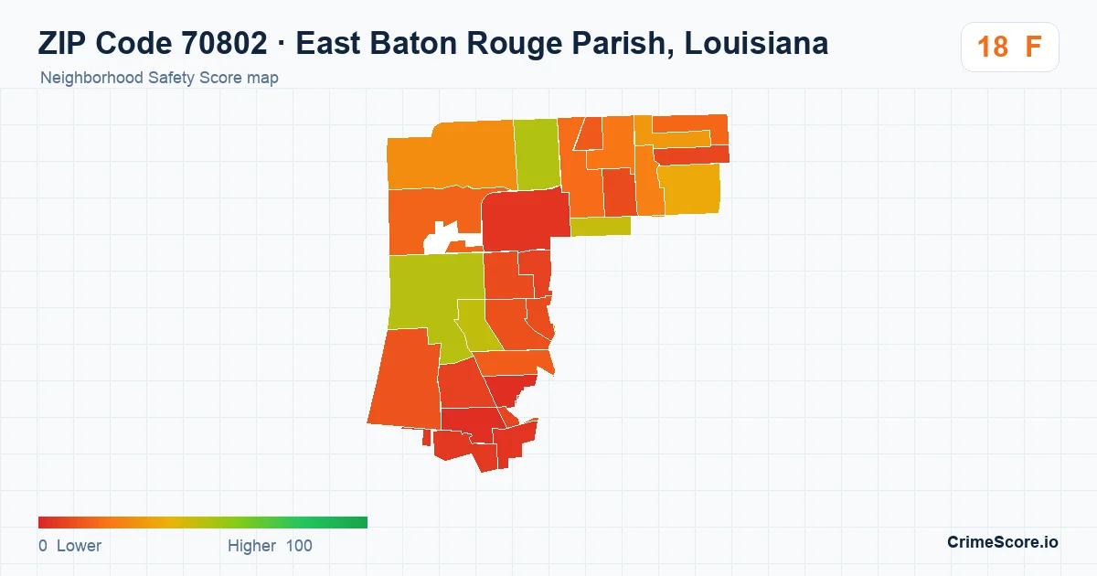 ZIP Code 70802 in East Baton Rouge Parish, Louisiana neighborhood Safety Score map