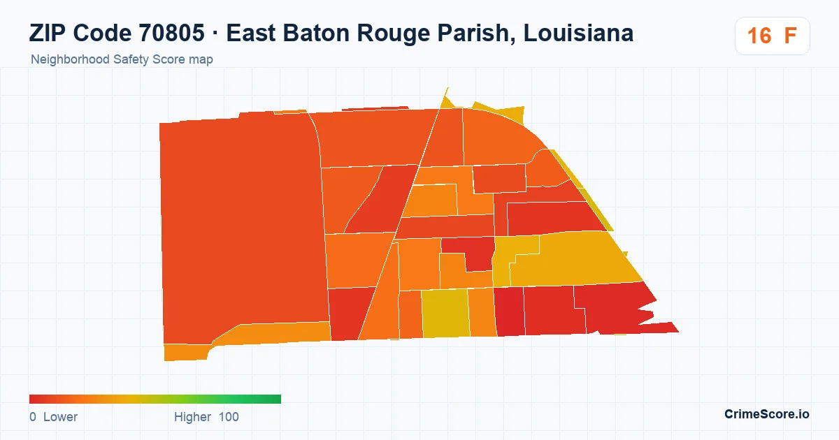 ZIP Code 70805 in East Baton Rouge Parish, Louisiana neighborhood Safety Score map