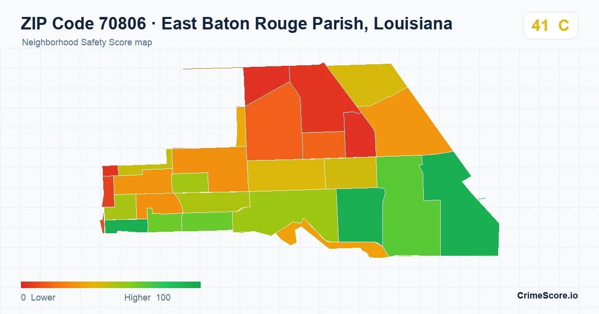 ZIP Code 70806 in East Baton Rouge Parish, Louisiana neighborhood Safety Score map