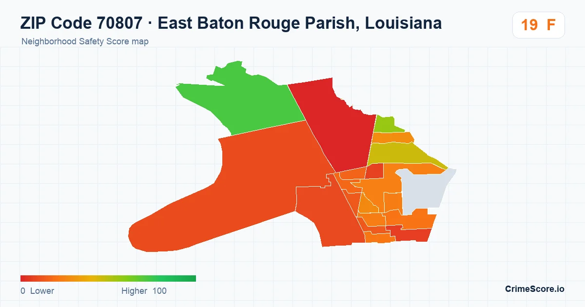 ZIP Code 70807 in East Baton Rouge Parish, Louisiana neighborhood Safety Score map