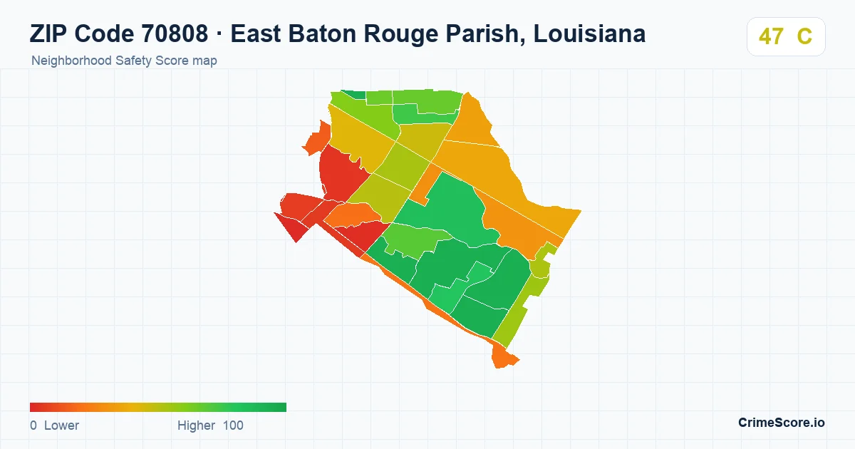 ZIP Code 70808 in East Baton Rouge Parish, Louisiana neighborhood Safety Score map