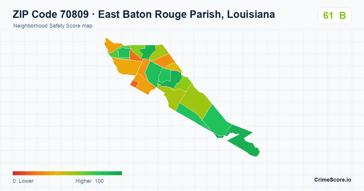 ZIP Code 70809 in East Baton Rouge Parish, Louisiana neighborhood Safety Score map