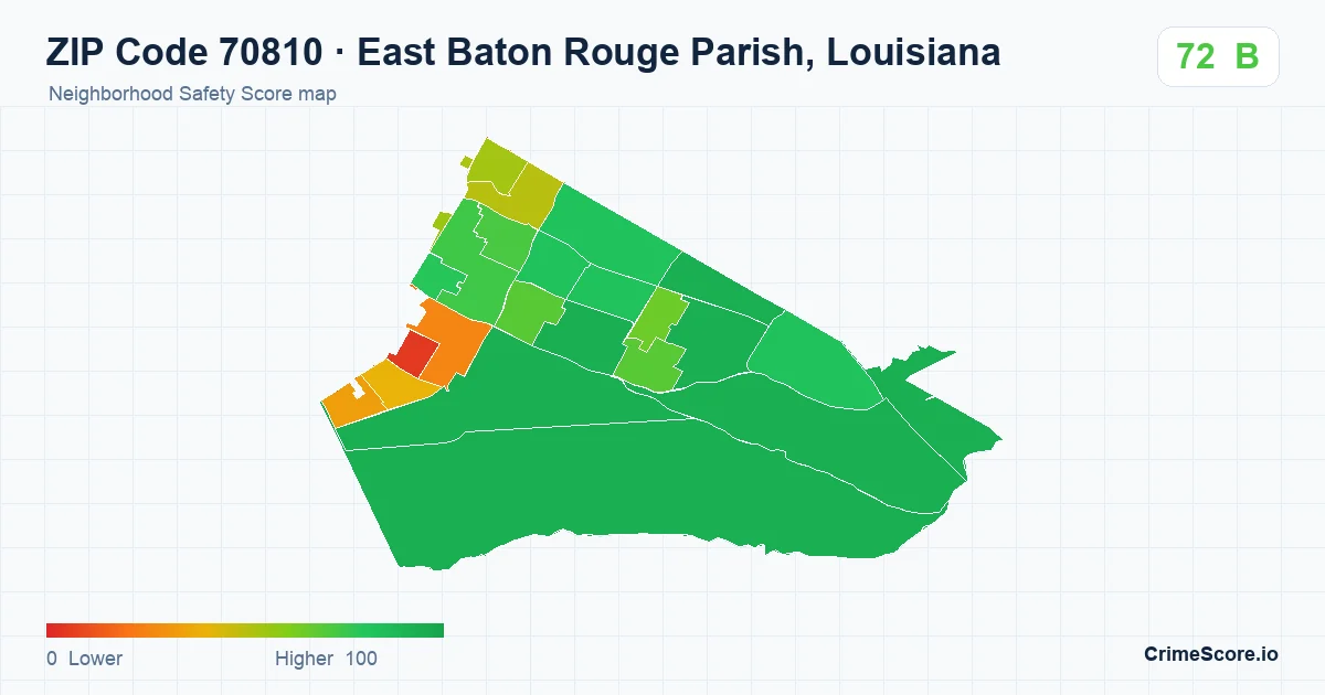 ZIP Code 70810 in East Baton Rouge Parish, Louisiana neighborhood Safety Score map