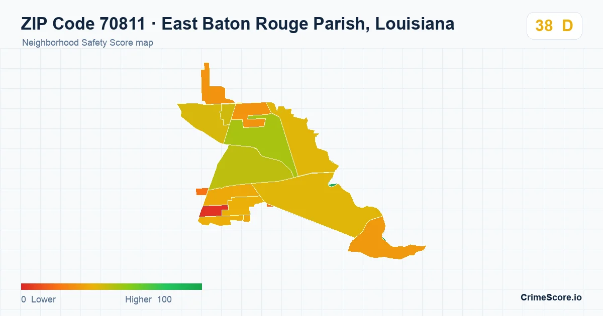 ZIP Code 70811 in East Baton Rouge Parish, Louisiana neighborhood Safety Score map