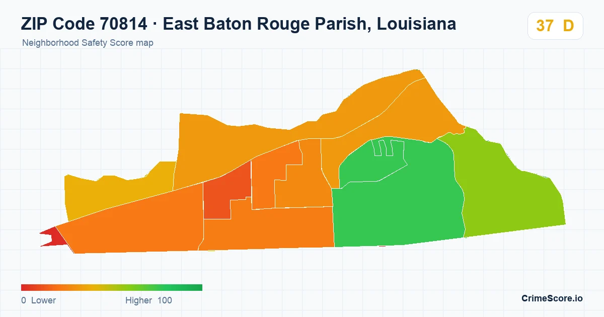 ZIP Code 70814 in East Baton Rouge Parish, Louisiana neighborhood Safety Score map