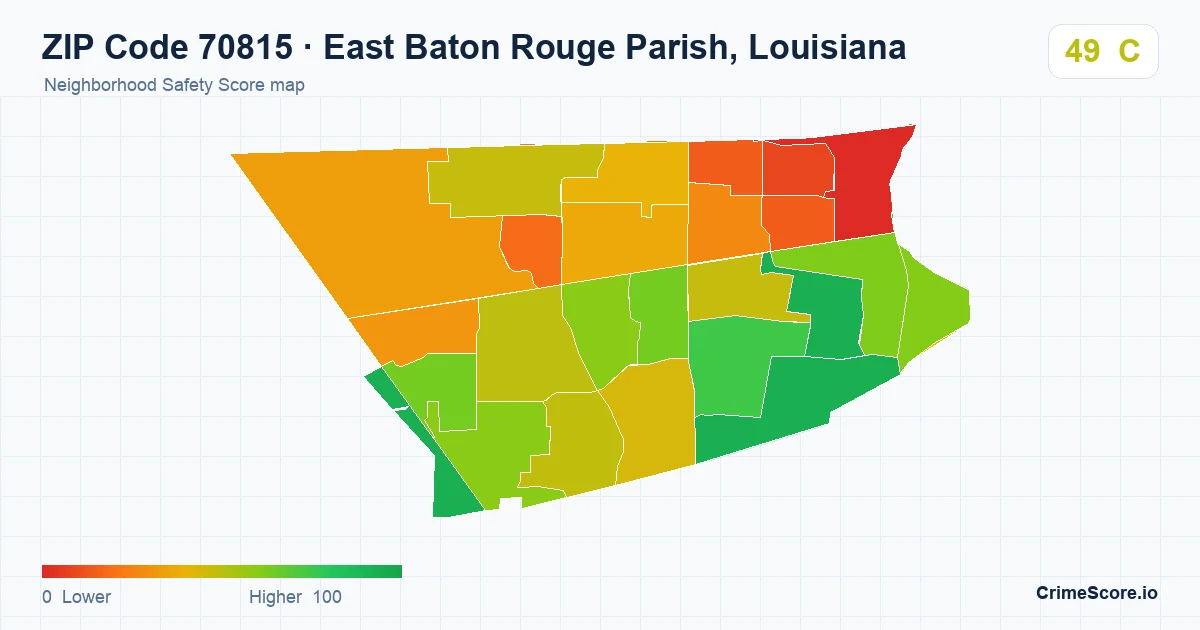 ZIP Code 70815 in East Baton Rouge Parish, Louisiana neighborhood Safety Score map