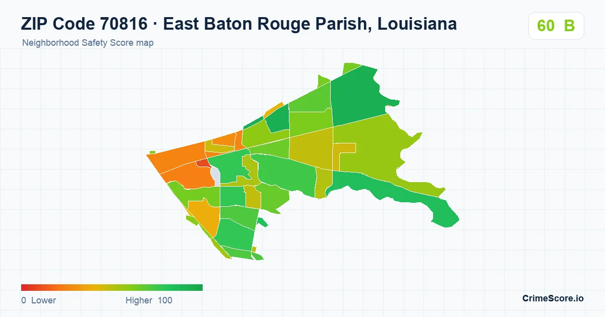 ZIP Code 70816 in East Baton Rouge Parish, Louisiana neighborhood Safety Score map