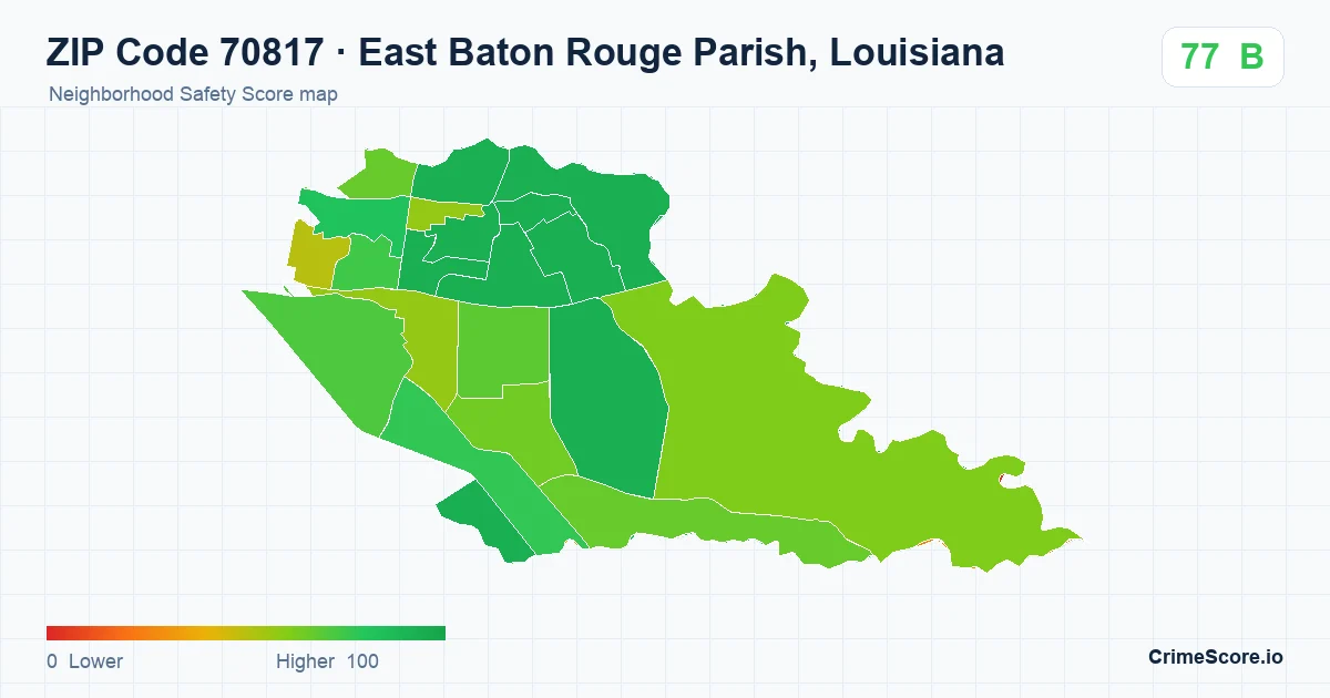 ZIP Code 70817 in East Baton Rouge Parish, Louisiana neighborhood Safety Score map