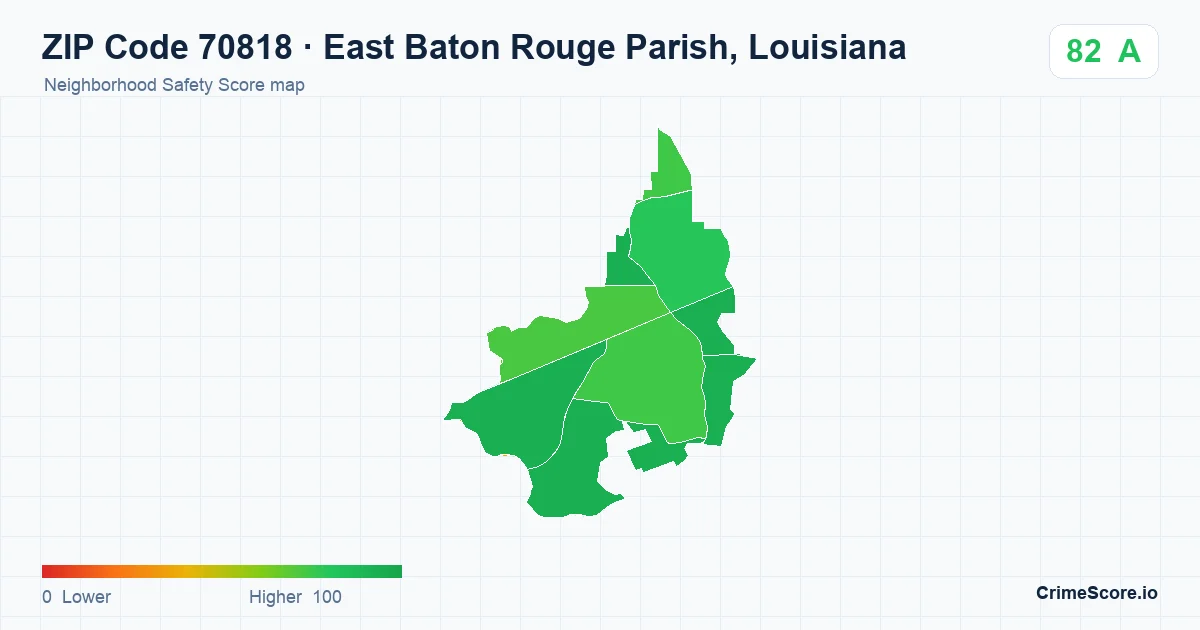 ZIP Code 70818 in East Baton Rouge Parish, Louisiana neighborhood Safety Score map
