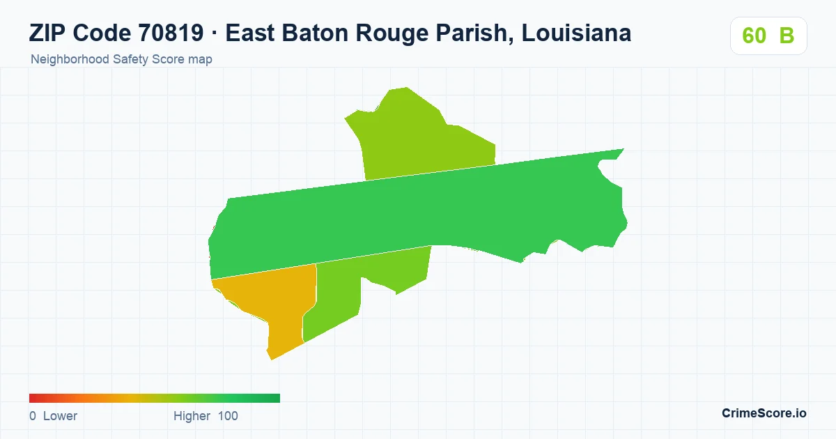 ZIP Code 70819 in East Baton Rouge Parish, Louisiana neighborhood Safety Score map