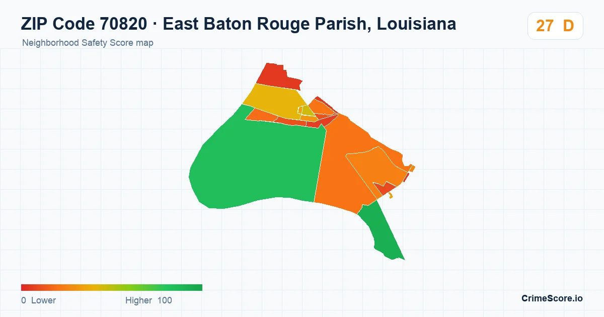 ZIP Code 70820 in East Baton Rouge Parish, Louisiana neighborhood Safety Score map