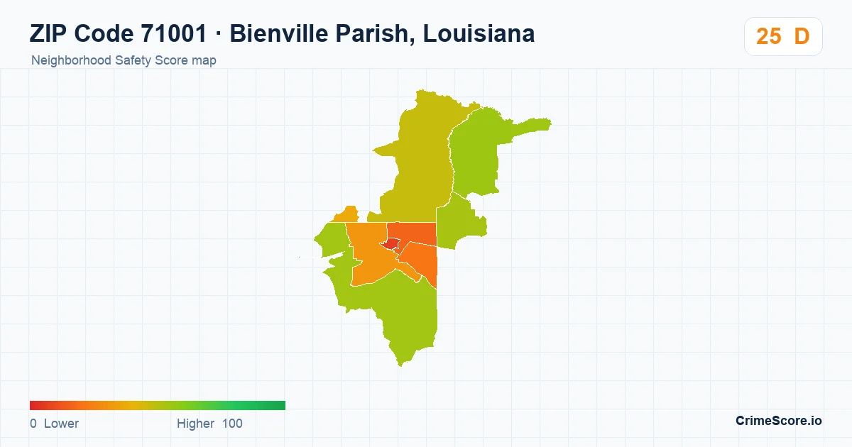 ZIP Code 71001 in Bienville Parish, Louisiana neighborhood Safety Score map