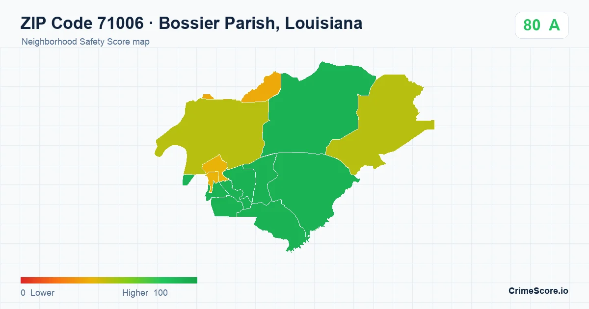 ZIP Code 71006 in Bossier Parish, Louisiana neighborhood Safety Score map