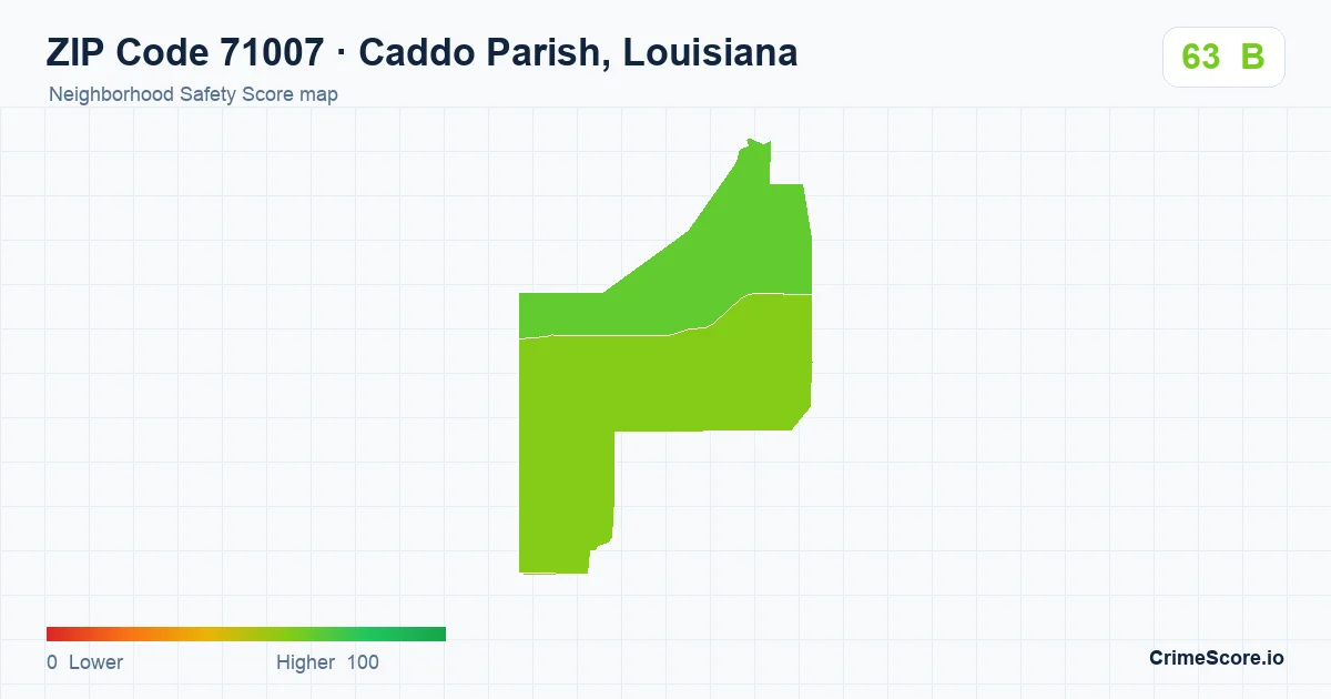 ZIP Code 71007 in Caddo Parish, Louisiana neighborhood Safety Score map