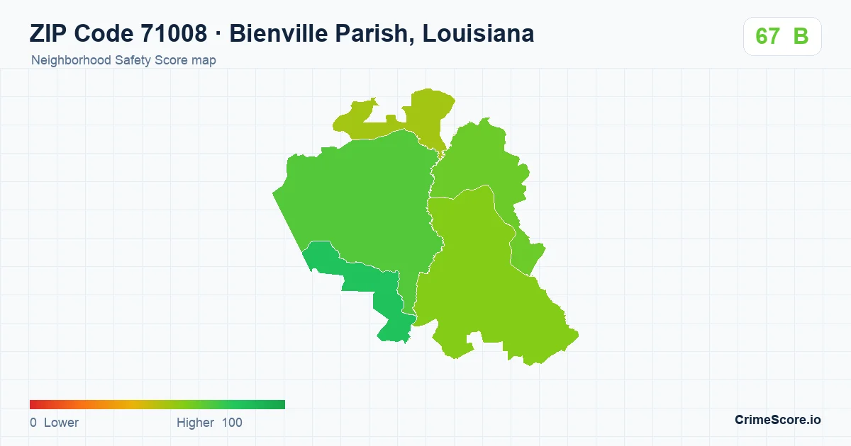 ZIP Code 71008 in Bienville Parish, Louisiana neighborhood Safety Score map