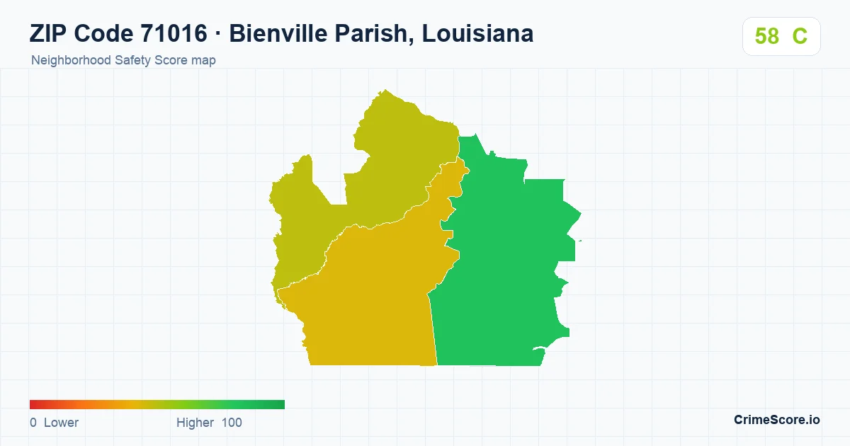 ZIP Code 71016 in Bienville Parish, Louisiana neighborhood Safety Score map