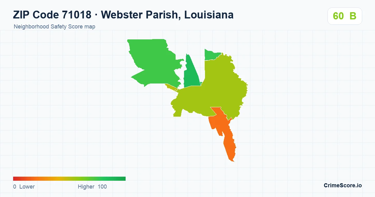 ZIP Code 71018 in Webster Parish, Louisiana neighborhood Safety Score map
