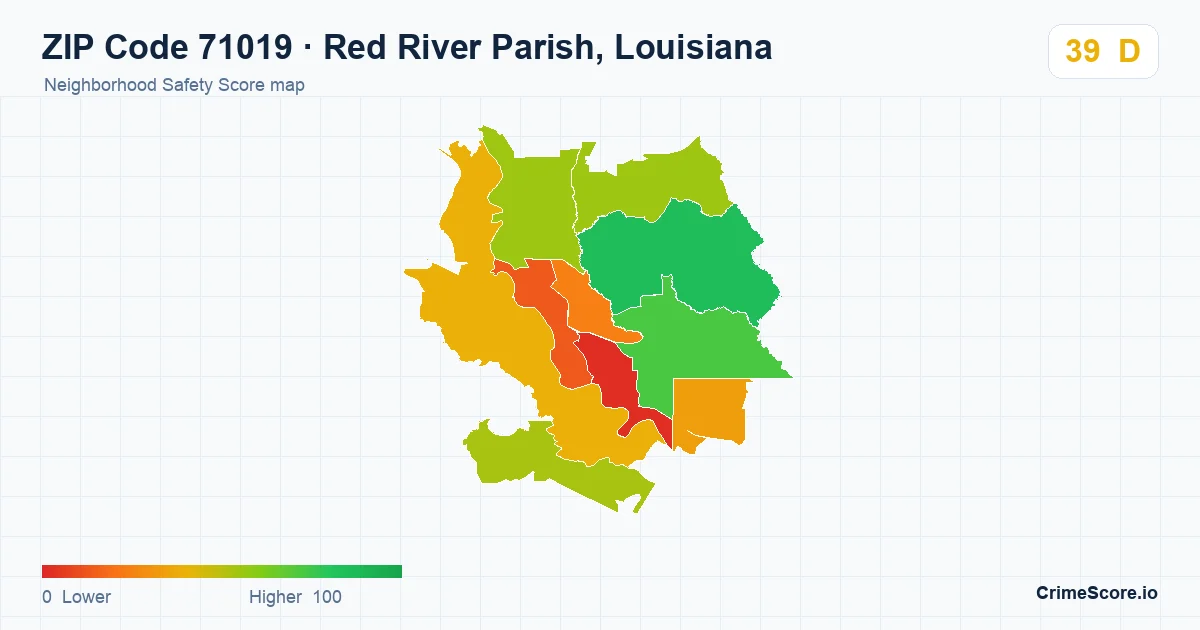 ZIP Code 71019 in Red River Parish, Louisiana neighborhood Safety Score map