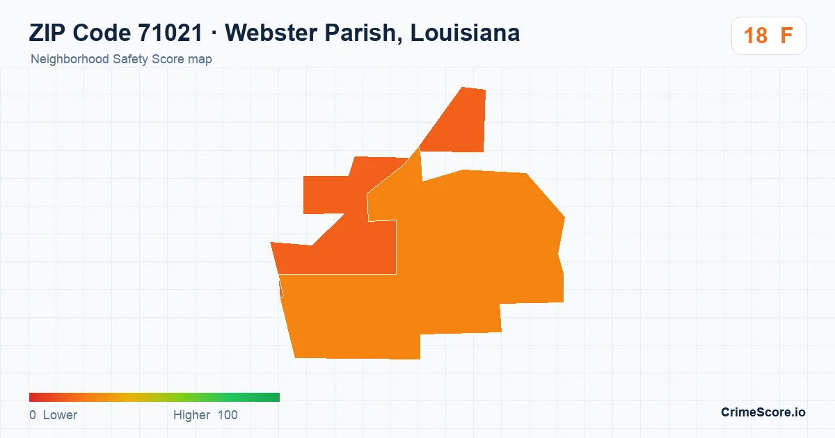 ZIP Code 71021 in Webster Parish, Louisiana neighborhood Safety Score map