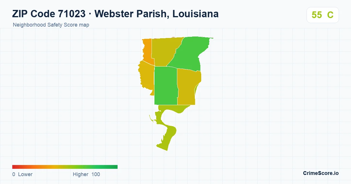 ZIP Code 71023 in Webster Parish, Louisiana neighborhood Safety Score map